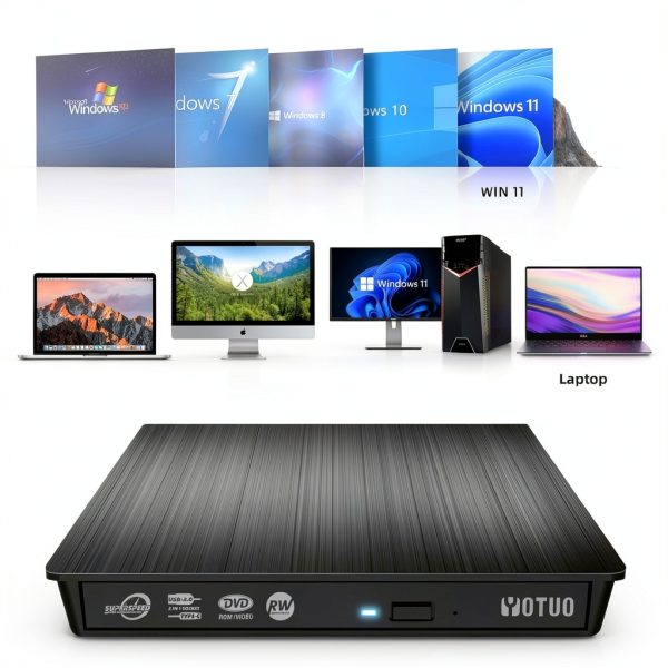 YOTUO External USB‑C CD/DVD Drive Black IDD029 Dual Port High Speed-3