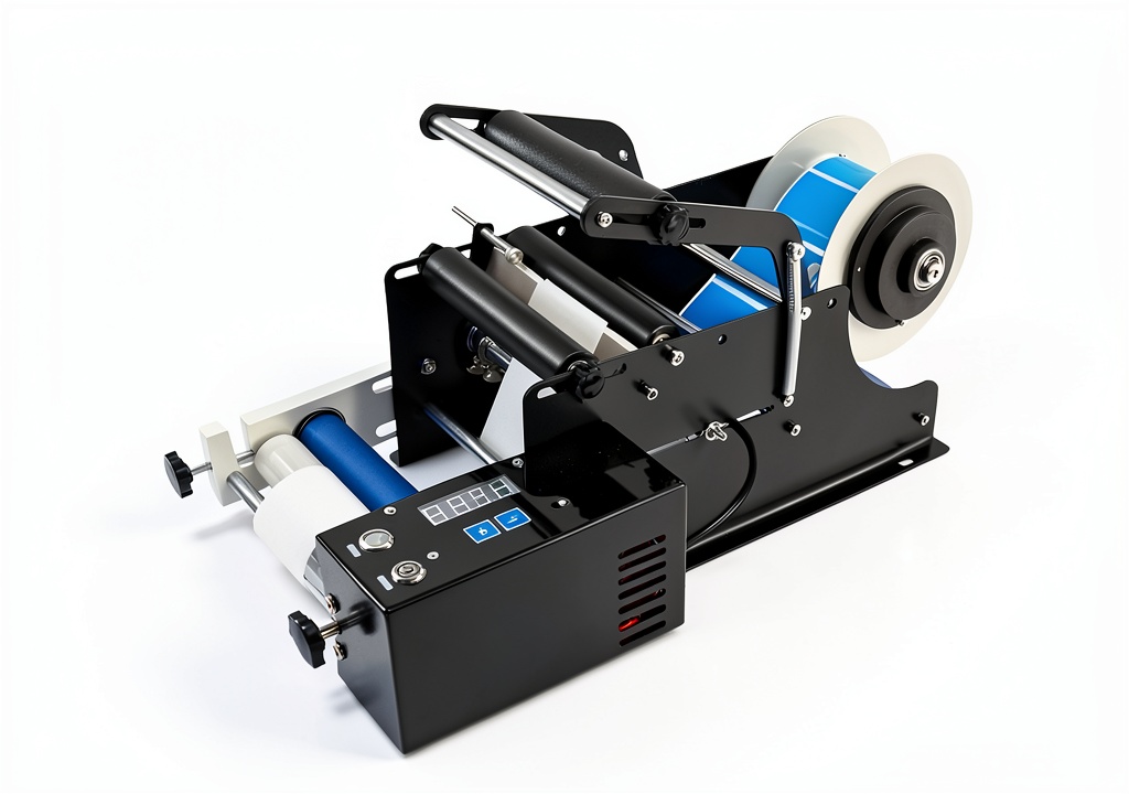 Installing Semi-Automatic Plane Labeling Machine TozMvi Electric Bottle Labeler on a wooden desk