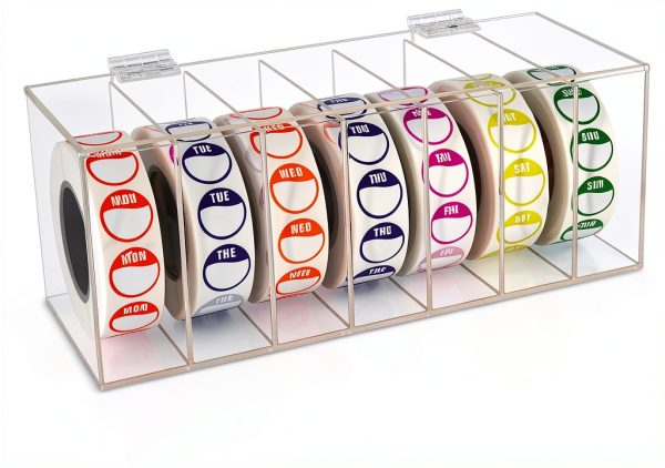 Acrylic Day of The Week Covered Label Dispenser 7-Slot Dispenser Day of The Week Label Dispenser Wall Mount Sticker Roll Dispenser for 1",3/4"Day of The Week Stickers 1 Inch Label Dispenser (No Label)-0