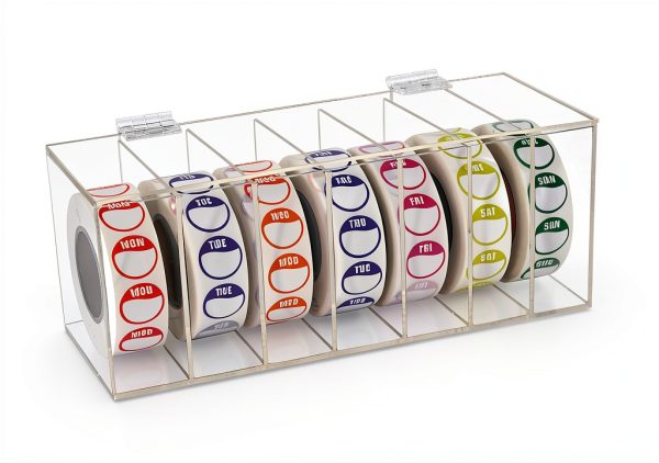 Acrylic Day of The Week Covered Label Dispenser 7-Slot Dispenser Day of The Week Label Dispenser Wall Mount Sticker Roll Dispenser for 1",3/4"Day of The Week Stickers 1 Inch Label Dispenser (No Label)-2